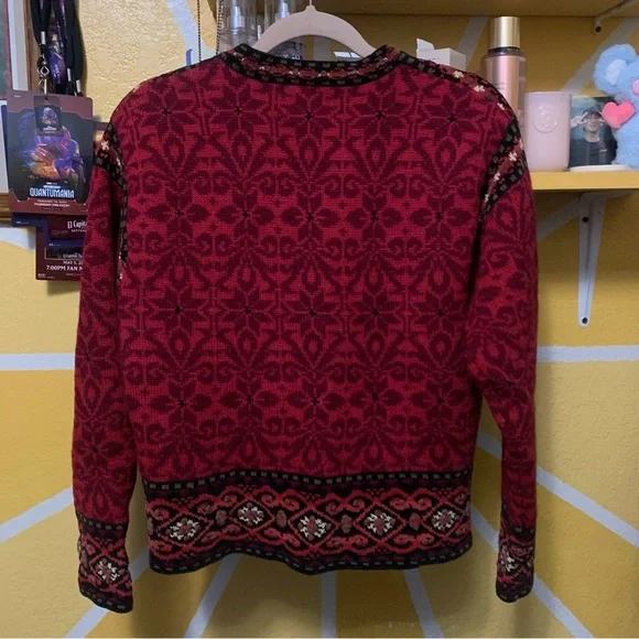 Icelandic Design Red Wool Lined Nordic Holiday Clasps Front Cardigan Size Small - Picture 3 of 13